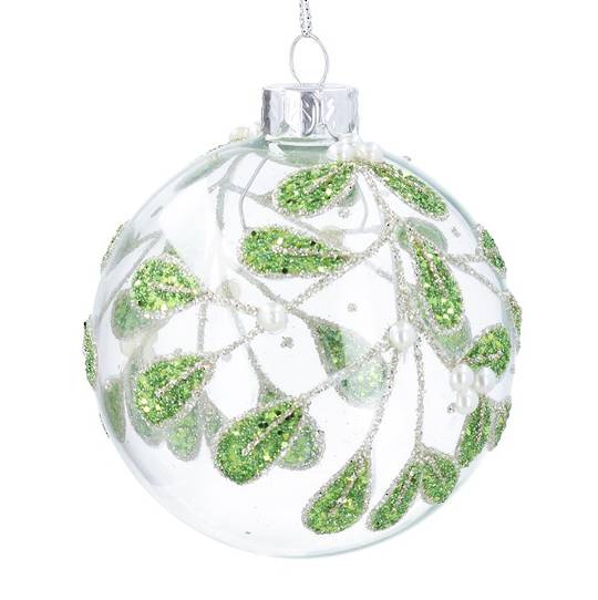 INDENT - Pack 12, Glass Ball Clear, Clear Glitter Mistletoe Leaves 8cm